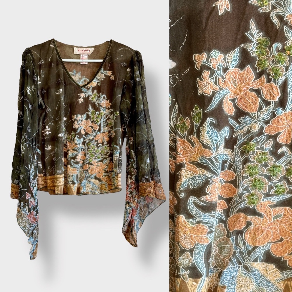 90s Y2K Rene Derhy Top Olive Green Floral Sequin Sheer Velvet Trim Hippie Boho
